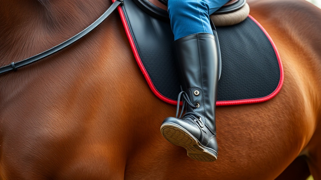 기승자의 다리가 말의 복부에 밀착되어 안정적인 부조를 보내는 모습