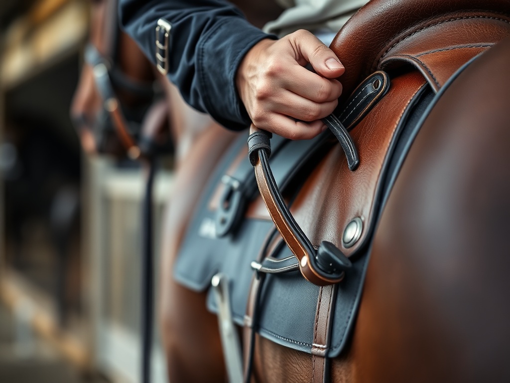 마방 앞에서 기승자가 안장의 등자 끈 길이를 자신의 팔 길이에 맞춰 조절하는 모습